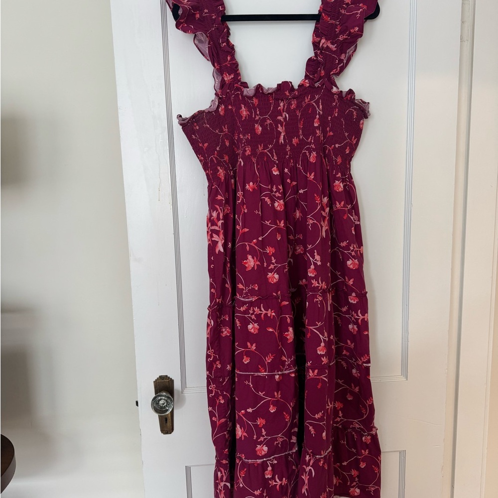 Hill House Nap Dress - Floral Ruffled Maxi Dress in Burgundy and Pink